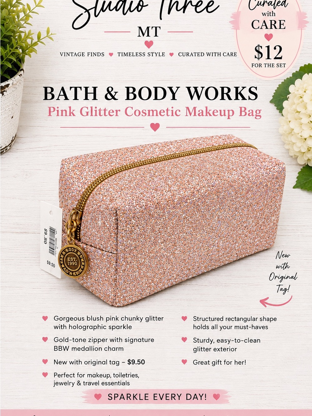 Bath & Body Works Blush Pink Glitter Rectangular Cosmetic Pouch